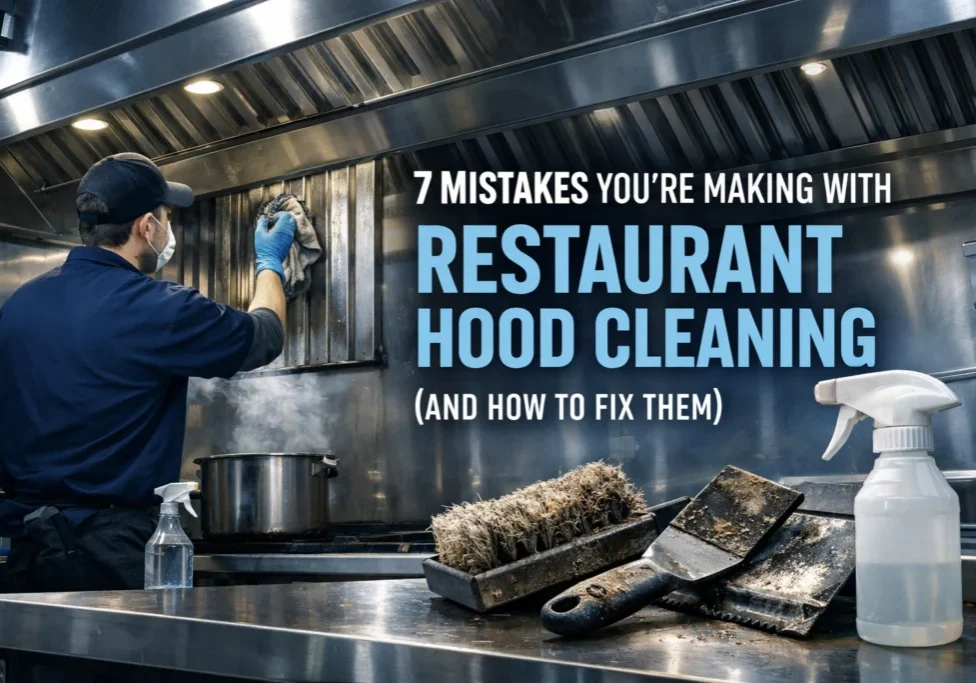 Worker cleaning commercial restaurant kitchen hood