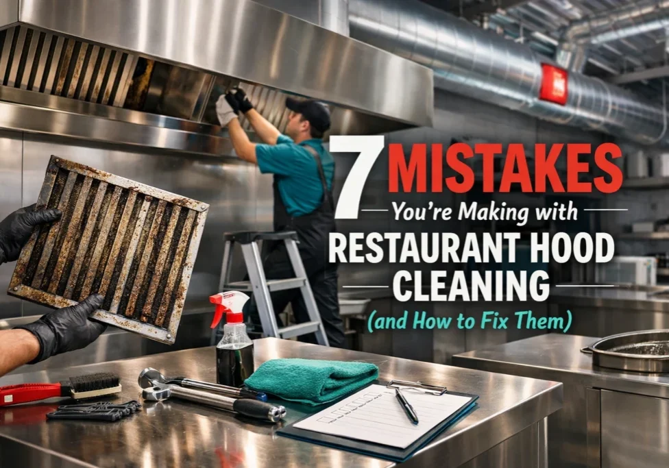 Worker removing greasy hood filter in commercial kitchen