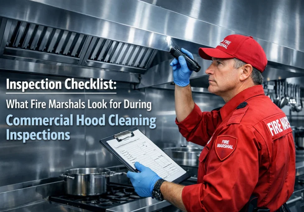 Fire marshal inspecting commercial kitchen exhaust hood